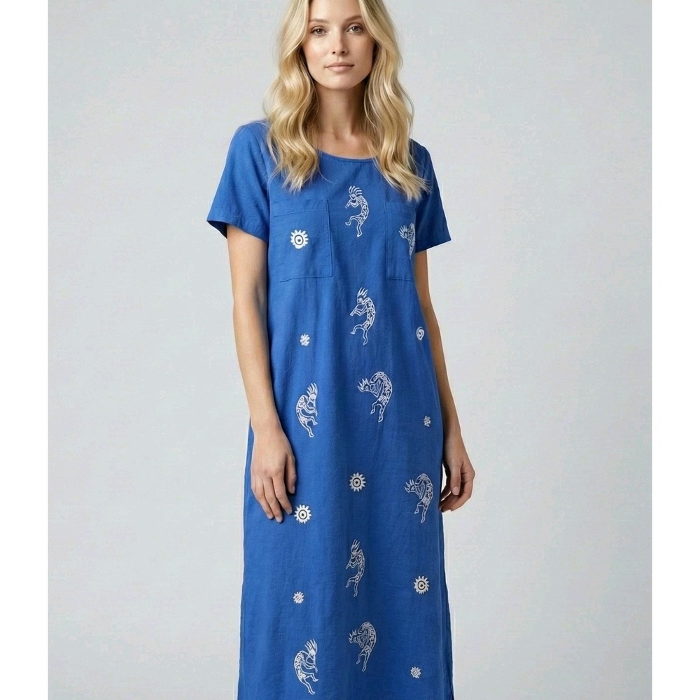 Vintage Tanuja‎ USA Blue Dress XL Kokopelli Southwestern Cotton Pockets 90s Art
